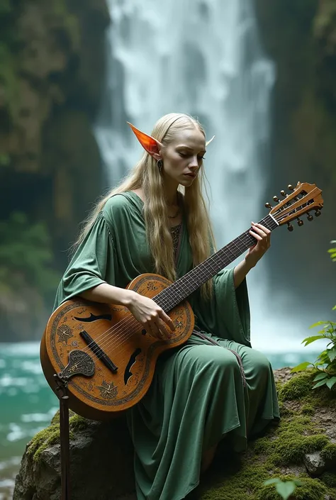 depict an ancient elf playing sexsopon near a waterfall