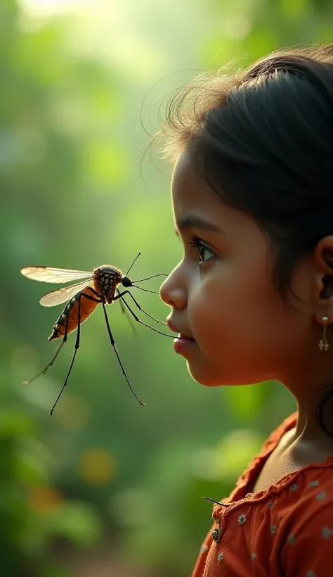 A mosquito and a Indian small girl are face to face.