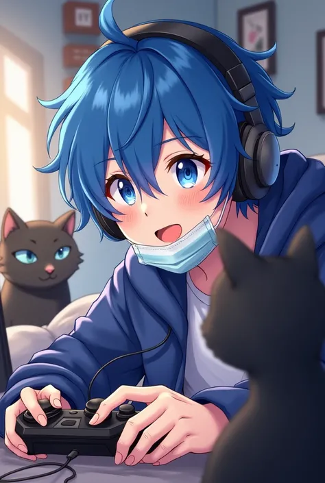 Anime lelaki , rambut berwarna biru, muka lucu ,pakai face mask ,bermain game computer , pakai headphones kucing berwarna hitan 