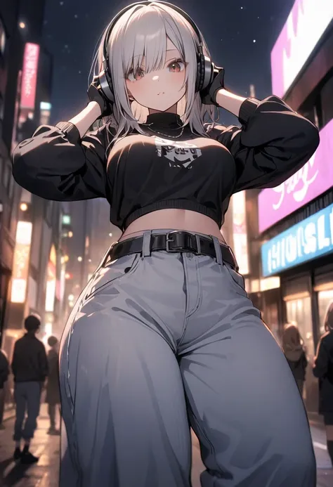 High quality, One girl, Young face, curvy body, dark brown eyes, very short white hair, large breasts, wide hips, black crop top, baggy jeans, big white belt, black gloves, grey headphones, black boots, hands on headphones, Shibuya background, night time