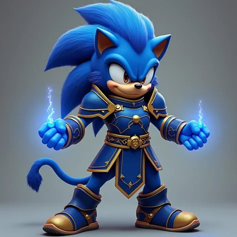 A very thin and medium tall blue-colored humanoid male lion,  with gray eyes and blue mane , clenched fists from which blue lights emanate ,  dressed in Medieval Modern Blue and Gold Armor with details in Dark Blue.  Feet dressed in running shoes Blue ,  B...