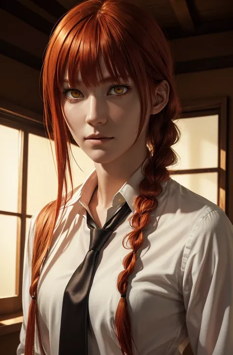 masterpiece, (photorealistic:1.4), best quality, beautiful lighting

, makima (chainsaw man), (red hair)+(long braided hair)+(bangs), yellow eyes, golden eyes, (ringed eyes), (white shirt), (necktie), 

RAW photo, 8k uhd, film grain 