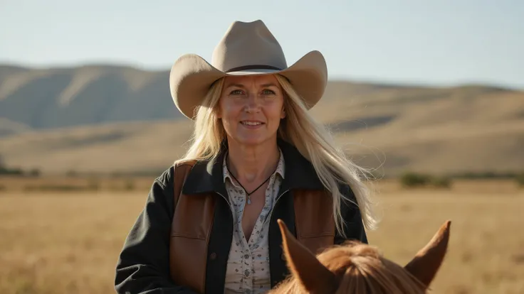 western movie scene, portrait of a 60 year old woman with long blond hair, cowboy hat, sitting on a horse