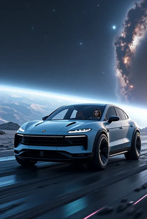 Porsche macan EV standing in space with beautiful  with girl