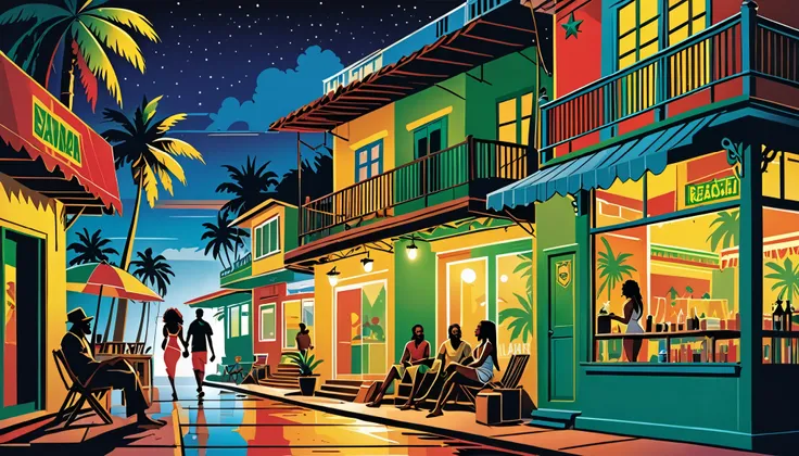 Vector art,  Lots of Jamaican Reggae ,  authentic Jamaican reggae music atmosphere, Chic colors, attention to detail, Streetscape,Shield of David , Rastafarian , Full Luster Color , palm trees, Half the Beach .Night City　Man and woman relaxing in a store　 ...