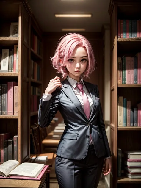 Girl with pink hair and a suit ,  bookcase with ruined background 