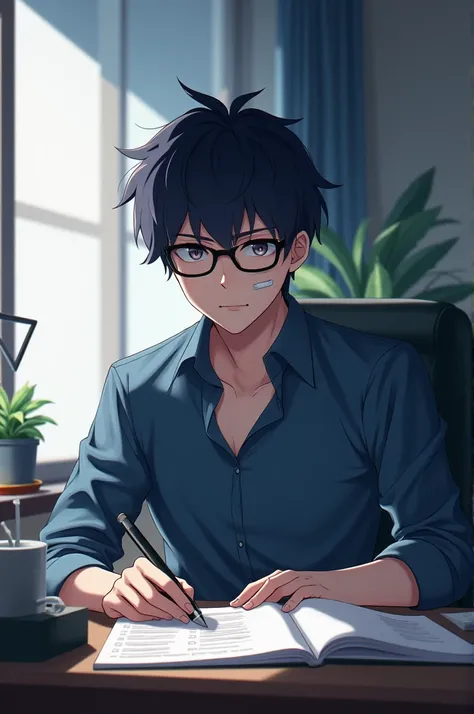 1boy, sensei (blue archive), blue archive,Office, sitting and working, wearing black glasses, with a plaster on the left corner of his mouth.,masterpiece,very aesthetic,newest,nsfw