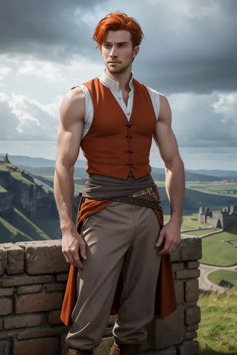 Photo-realistic. A pleased, tall, handsome, fit, 24-year-old Caucasian medieval prince, with short, fade-cut, burnt orange hair, and blue eyes, wearing a red and tan sleeveless tunic, with gray trousers, standing on a castle wall, looking out to the distan...