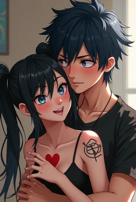 A girl with black hair wrapped in two pigtails ,  with a mischievous look she has the heart of Kindom Hearts tattooed on her chest, nipple piercing,  is being hugged by a boy with short blue black hair ,  mischievous look and tattoo of the sagittarius armo...