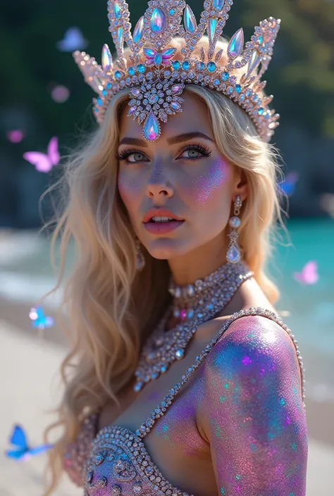 BlingBling,  motion blur ,  triangle , efectos de iluminación de nivel de película    BlingBling,  motion blur ,  triangle ,  film-level lighting effects Fantastic jewelry ornaments all over her body crown  ,   intricate details , súper realistic, diamonds...