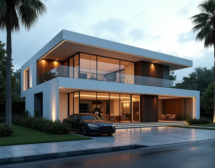 Create a perfect, moody, photorealistic, best quality, realistic and lifelike contemporary residential rendering with intricate details, depth of field, high resolution (8K+) of a large, modern flat roofed home with plain white walls and smooth dark grey c...