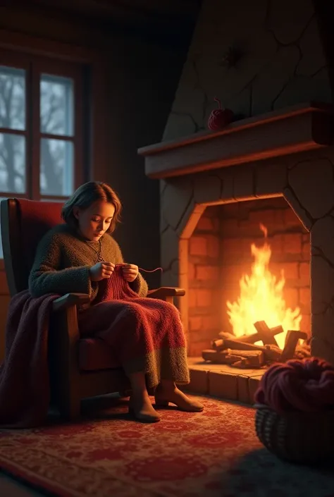 Image of a fire and near the fire a chair with a knitting character 