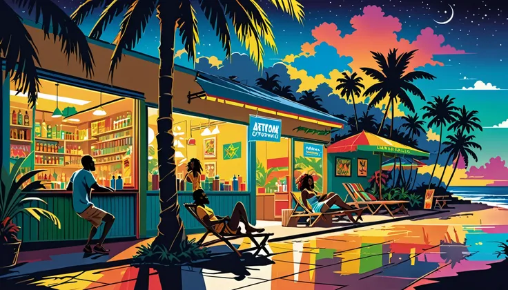 Vector art,  Lots of Jamaican Reggae ,  authentic Jamaican reggae music atmosphere, Chic colors, attention to detail, Streetscape,Shield of David , Rastafarian , Full Luster Color , palm trees, Half the Beach .Night City　Man and woman relaxing in a store　 ...