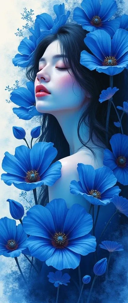 (masterpiece,Superior Quality,Mirror-like,Cinematic Experience,Very detailed),8k,wallpaper,(Illustration of transience and beauty with blue morning glory flowers and a woman:2.0),(Blue-themed illustrations:2.0),(Rorschach test style:2.0),(Vector art:2.0),(...