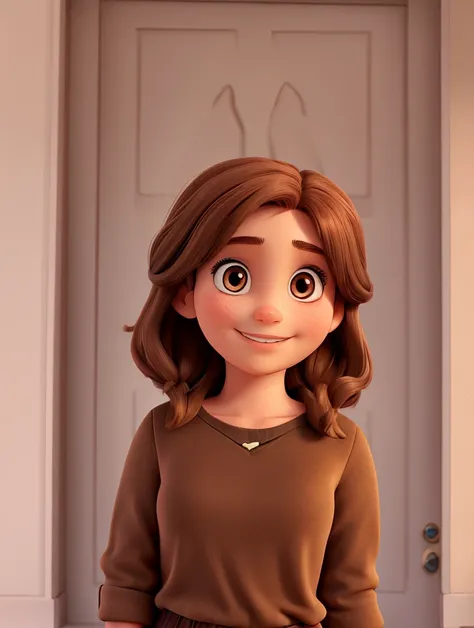 Friendly girl , brown haired,  straight and brown hair, Disneystyle movie character