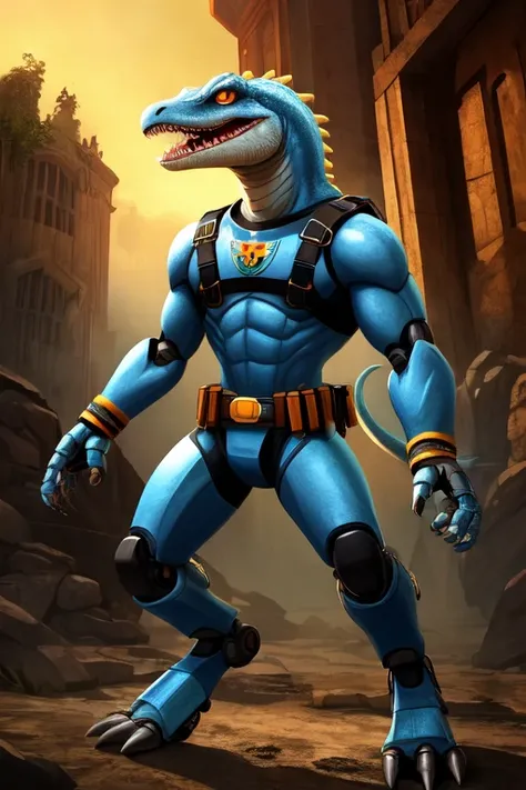 ((best quality)), ((masterpiece)), (detailed), 1 creature, full body, piranha creature, large piranha head, somewhat long neck, smooth head, sharp teeth, orange eyes, cat eyes, gills, tall and thin, thick arms, claws, lizard arms, long fingers, light blue ...