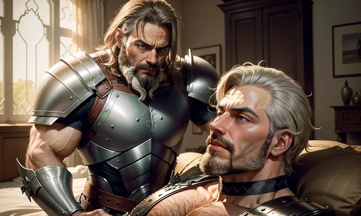 [photorealistic] gorgeous muscular solid mature-aged male fantasy soldier, dressed in medium armor, grizzled and scarred, intense light-brown eyes, thick eyebrows, greying hair and beard. kneeling before you in reverence a fancy modern bedroom, looking up ...