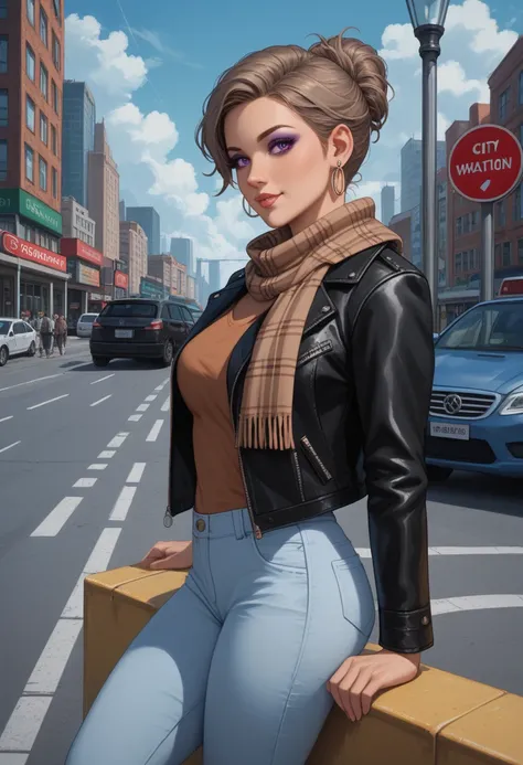 grey pixie haired, brown eyed, purple eye shadow, tattoo of rose on her right shoulder, fit milf waiting in a bus stop on sidewalk at foggy, cloudy air at a city center between skyscrapers and high holding buildings, crowded traffic, big city, and she wear...