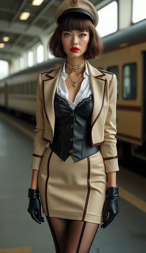 Sea Art 2.0.  The full height of a beautiful girl with a gorgeous figure 38-40 years old ,  bob car hairstyle , she is a train conductor ,  she is standing near the passenger train on the railway station peron , plump lips,  blue eyes,  red lipstick ,  pre...