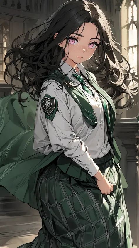 A full body Slytherin lady with long, wavy black hair that cascades down her back. Light pink eyes. She is wearing the usual Slytherin uniform, a white collared shirt with rolled-up sleeves, a green and silver-striped tie, a very  long dark green plaid ski...