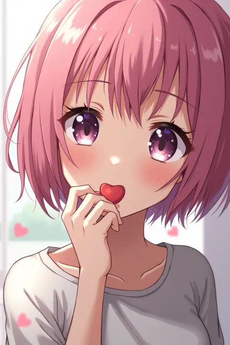 An anime girl with short pink hair sucking a penis