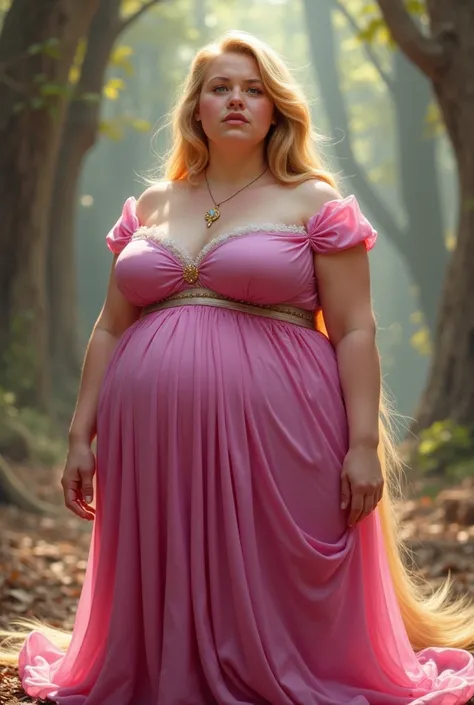 Rapunzel with super big breasts wearing a pink dress and not fat