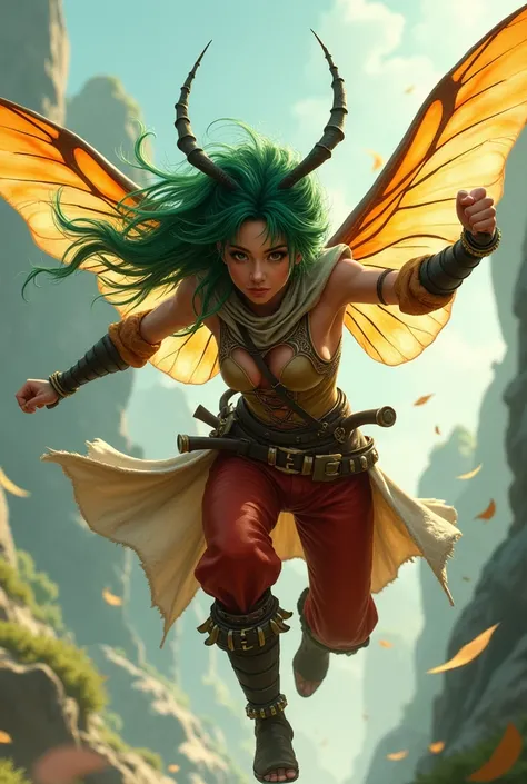 Masterpiece, UHD, 8K, action pose, action shot, A digital drawing In the style of frank cho of a dark fairy warrior that flies in a dynamic stance, her forest green hair flowing in the breeze is broken by the (insect antennae) sprouting from her head, her ...