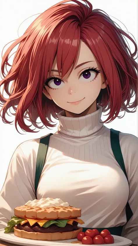 bnha,best quality, masterpiece, kyrielight mash, solo, 1girl, black eyes, white turtleneck shirt, light red hair, cute, white background, ((making food))