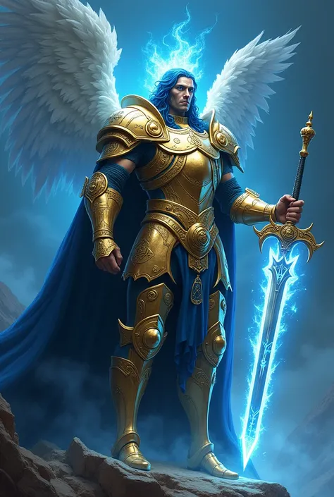  An imposing and mystical figure appears on the ethereal plane ,  representing protection and strength .  He is tall and encased in gold and heavenly blue armor ,  filled with mystical details that radiate divine energy .  His eyes shine like blue flames ,...