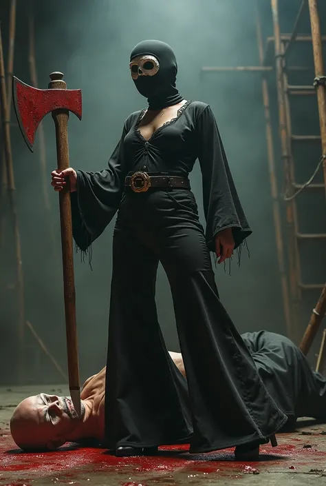 curvy skull balaclava masked bald female wear long disco bell bottoms wide belt high platform heels hold large bloody axe on stands in side against to the lying male victim on the axe block in the scaffold