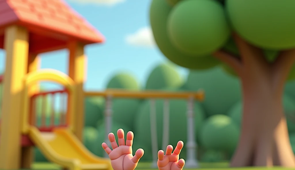 there are two cute small hands that only have 4 fingers . the finger are small and cute  .Only four fingers . background are playground animation still, animation style render, cartoon still, d cartoon, 3d animation, bubble shape green tree, bright blue sk...