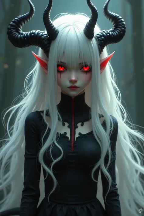 *. A demon girl with white long hair and red dull eyes that is almost covered with my bangs, short black horns and a tail. Although she looks young*