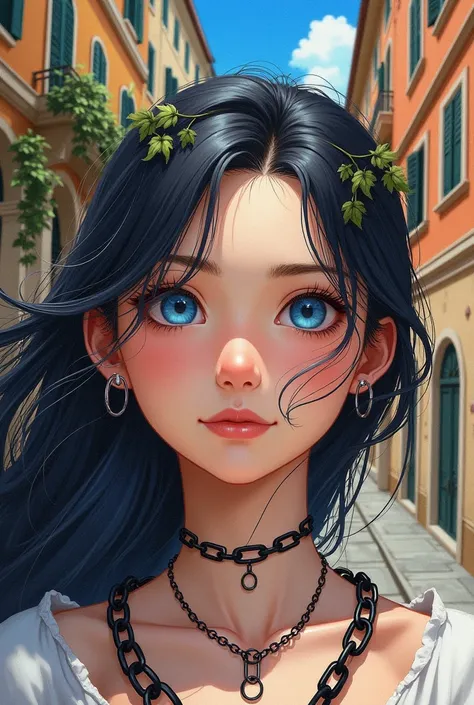 Rome, (realistic), watercolor, best quality, dynamic colors, swirls, architectural streets, a character portrait, blue eyes, vines, landscape, clear sky, black colors, chains connected to rings, digital painting, ultra high resolution,