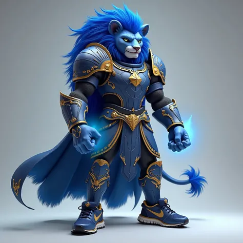  A very thin and half-tall humanoid male lion,  with gray eyes and blue mane , clenched fists from which blue lights emanate ,  dressed in Blue and Gold Metal Plate Armor .  Feet dressed in running shoes Blue ,  Black and Gold by Nike ,  and a Blue ring on...