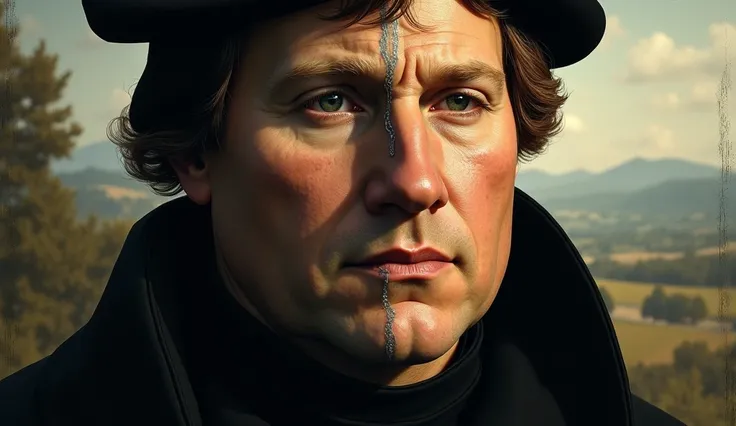 Martin Luther with his face divided ,  right side good and left side badly , left side with darker landscape tone and direct side with lighter landscape