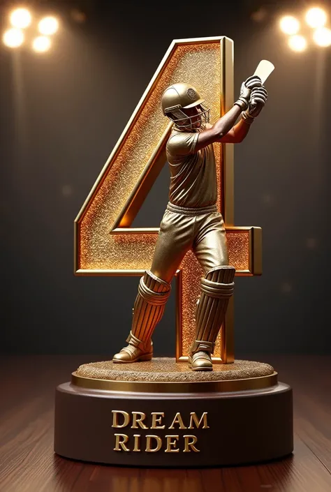 Create a cricket award statue in the shape of 4 and at the bottom of the statue it is written as Dream Rider with award night background 
