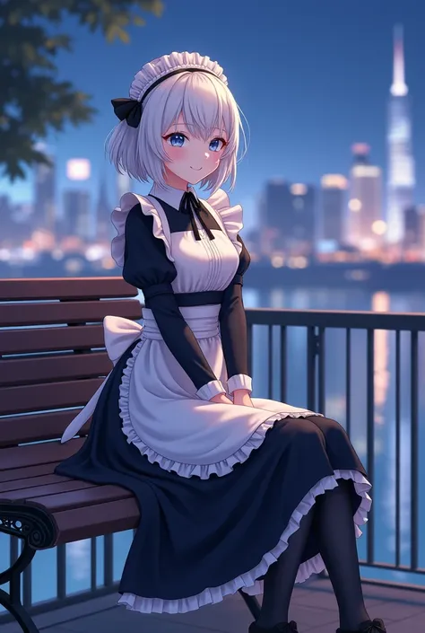 anime girl in a maid outfit sitting on a bench with a city in the background, best anime 4k konachan wallpaper, fine details. girls frontline, lolish, from girls frontline, from the azur lane videogame, nightcore, azur lane style, cute anime waifu in a nic...