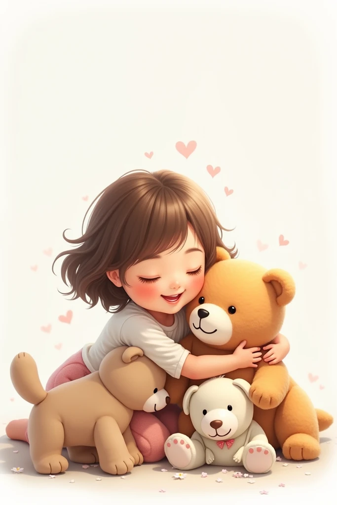 Tender brown-haired  girl playing with stuffed animals, On white background
