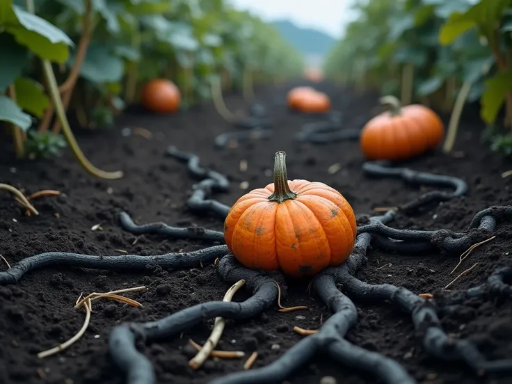  Dark roots spreading across the ground in a devastated plantation of rotten and rotten pumpkins, Focus on the roots in the ground , without people, sombrio,  high quality, realistic