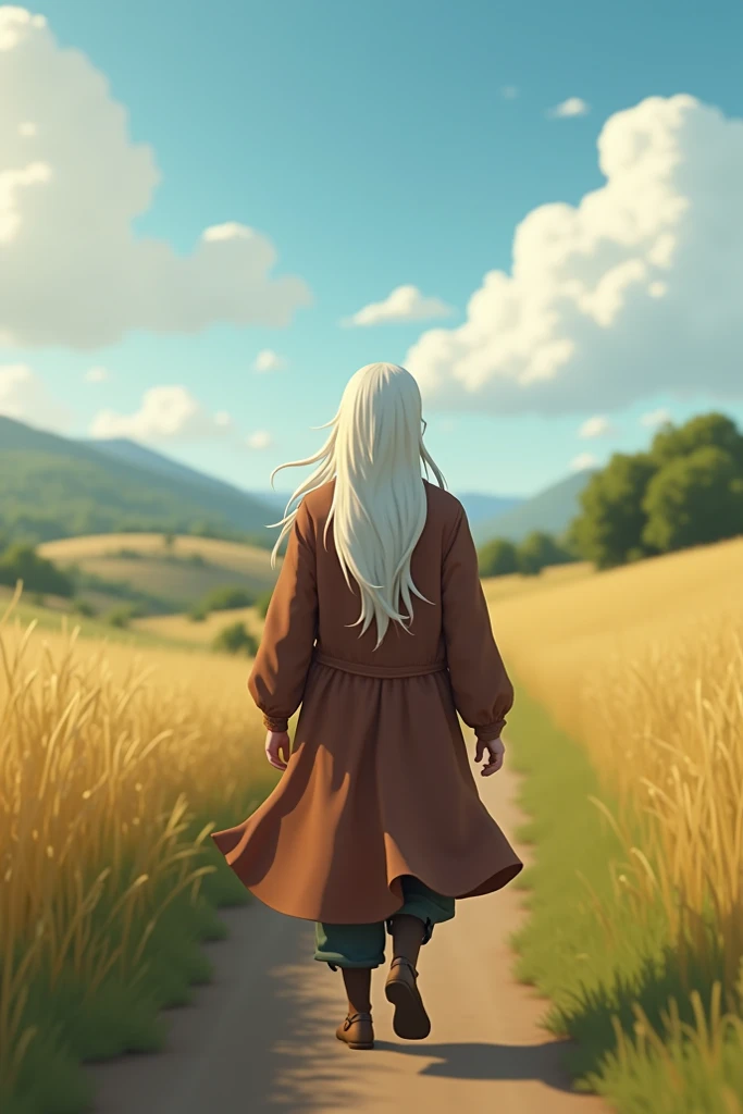 Long white haired man walking in the countryside animasi 3d Facing the camera, not your back 