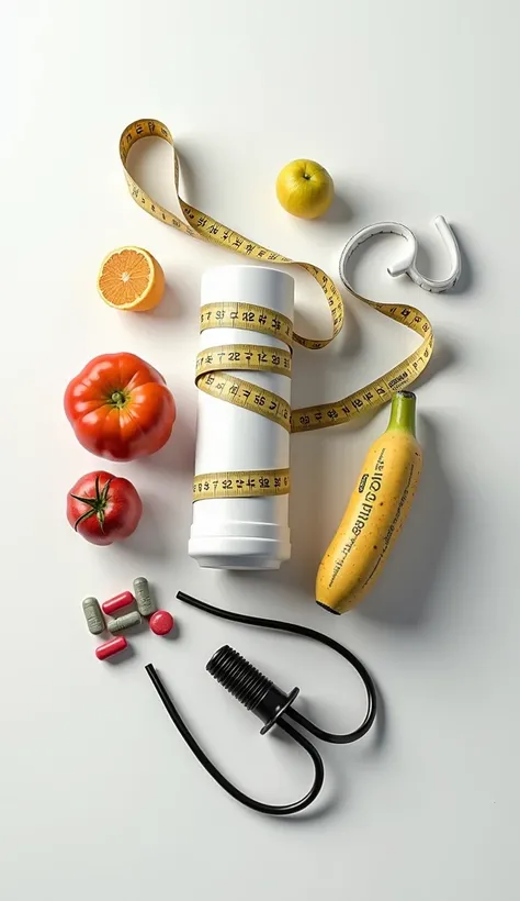 Magic pills , Healthy food, tape measure, halteres, beliefs, on a white background,  in the image should give an idea of frustrations on the part of people who want to lose weight quickly