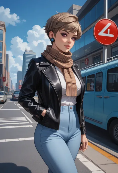 grey pixie haired, brown eyed, purple eye shadow, fit milf waiting on a sidewalk inside of a bus stop at foggy, cloudy air at a city center between skyscrapers and high holding buildings, crowded traffic, big city, and she wears black leather jacket which ...