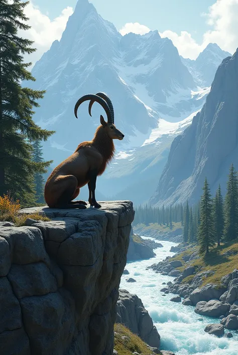 Big ibex sitting on rock and alpine trees and rocks and mountain and white water river