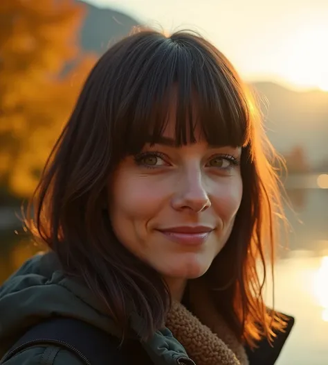 Realistic, beautiful woman 35 years old bangs medium long cut hair, face details hd, thin smile , wearing jacket, lake Lucerne Switzerland, maple trees and mountains, yellow sky morning sun rising, foggy yellow atmosphere 