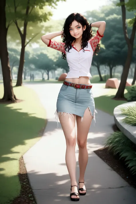 young woman, posing at park, (+forehead, long curly hair, black hair), white collared shirt (+red trim sleeves), pastel blue denim pencil mini skirt with belt, black heel sandals, BREAK, (1girl, solo, full body), (best quality,4k,8k,highres,masterpiece:1.2...