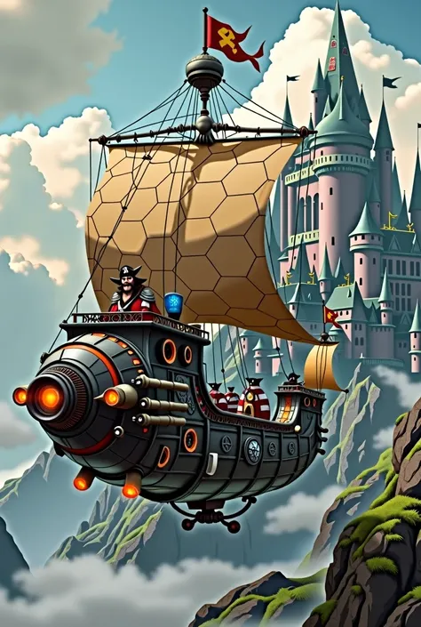 A small steampunk pirate airship with 2 jet boosters on the back, the sail more like hexagonals, dwarves on board. Technological aesthetic.

Fantasy castle background