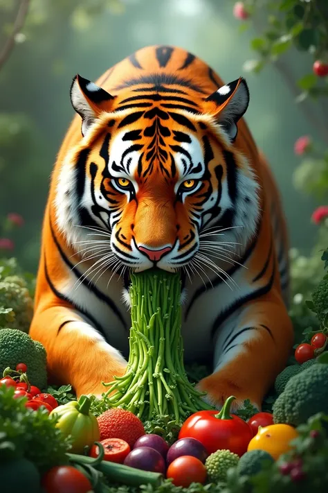 A tiger eating vegetables