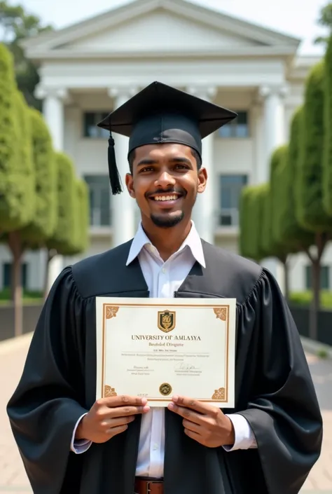 creat a man wearing a graduation hat and holding a certificate of bachelors in economics in university malaya . the man is a brown skinned indian 