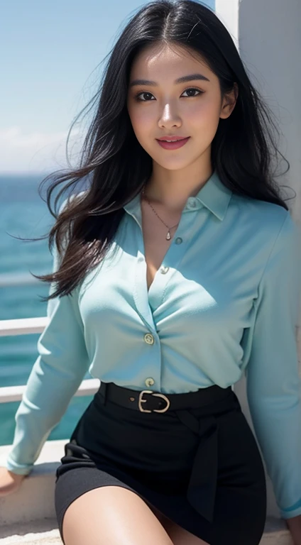 (RAW photogr:1.2),The highest quality, super high resolution, Slim waist, Lovely smile, Highly detailed faces, Detailed lips, finely quality eyes,  double eyelids, Long black hair, Black-haired god, Top-notch terrace,  next to the reflecting ocean, Cinemat...