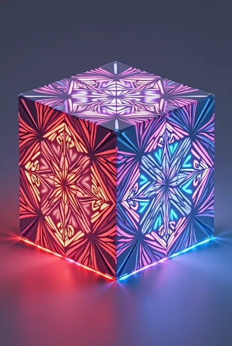 A 3D illusion cube pattern with vibrant electric colors.